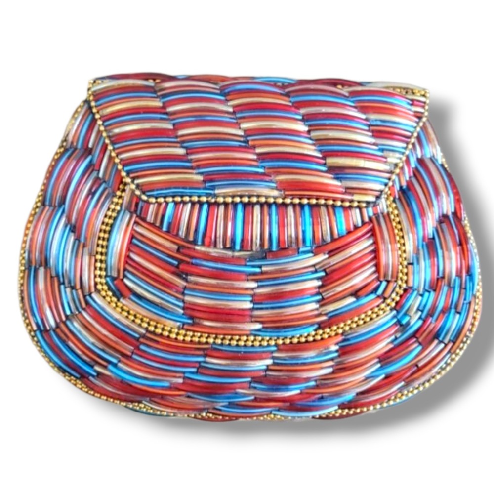 RAMLA Glass Beaded Bag Handmade Multicolor Clutch‎ Crossbody Brass Unique Party